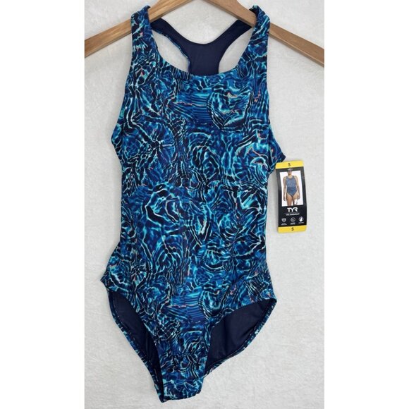 TYR 1-Piece Swimsuit Womens Blue Racerback Removable Cups Control Fit NWT Size S - Picture 1 of 8